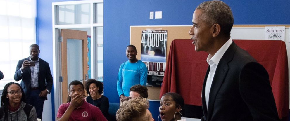 Image result for Obama makes surprise visit to Washington D.C. High School