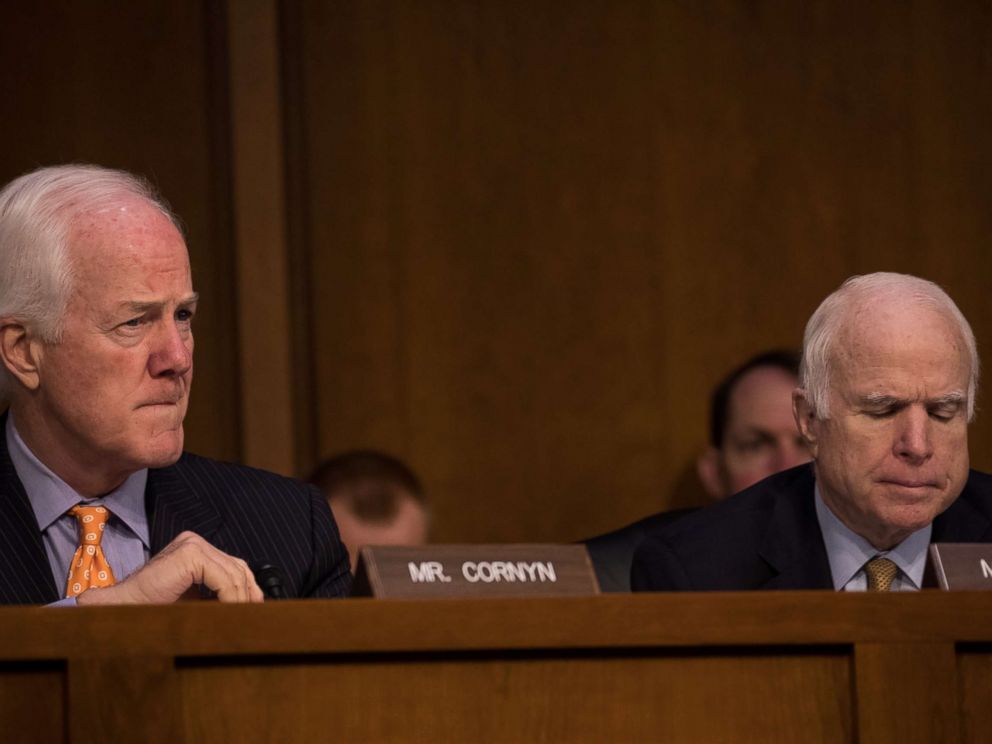PHOTO: Sen. John Cornyn (R-TX), and Sen. John McCain (R-AZ), listened as former FBI Director James Comey testified in front of the Senate Intelligence Committee, June 8, 2017.