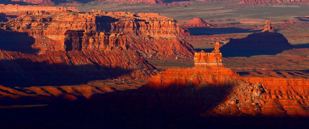 PHOTO: The sun sets over Valley of the Gods in Bears Ears National Monument seen from the Moki Dugway June 11, 2017 north of Mexican Hat, Utah.
