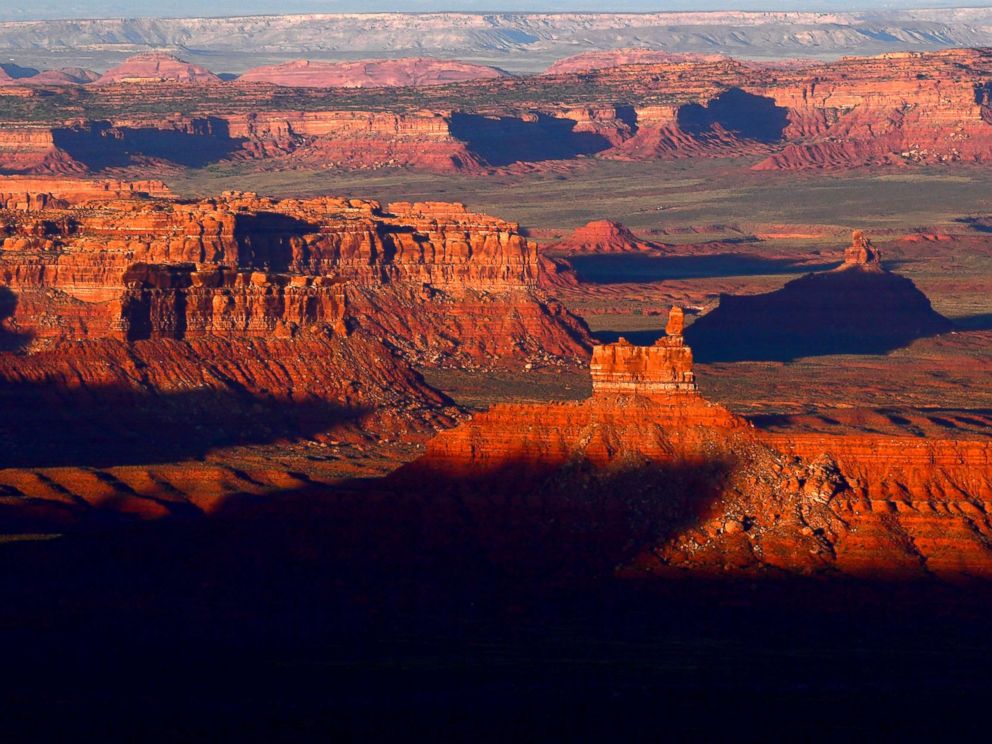 PHOTO: The sun sets over Valley of the Gods in Bears Ears National Monument seen from the Moki Dugway June 11, 2017 north of Mexican Hat, Utah.