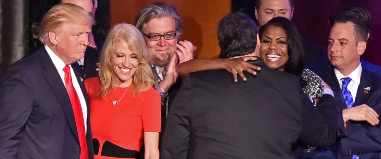 PHOTO: Donald Trump greets campaign manager Kellyanne Conway along with New Jersey Governor Chris Christie (back to camera) and staff member Omarosa Manigault (hugging Christie) after being declared the winner of the presidential election.