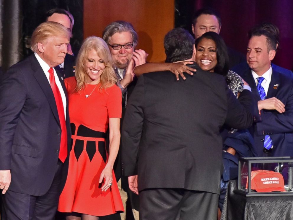PHOTO: Donald Trump greets campaign manager Kellyanne Conway along with New Jersey Governor Chris Christie (back to camera) and staff member Omarosa Manigault (hugging Christie) after being declared the winner of the presidential election.