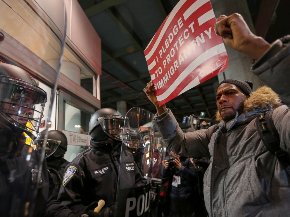 PHOTO: Protesters rally outside terminal 4 at JFK airport in response to a ban on immigration issued by President Donald Trump on Han. 28, 2017.