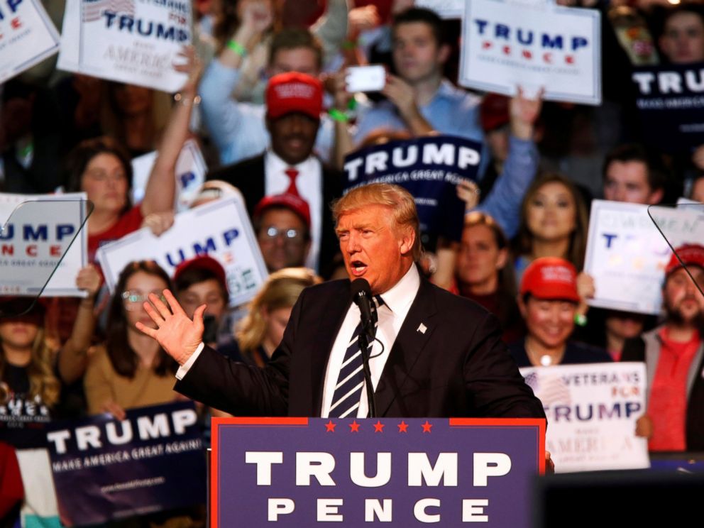 PHOTO: Republican presidential nominee Donald Trump speaks at his final campaign event at the Devos Place in Grand Rapids, Michigan, Nov. 8, 2016.