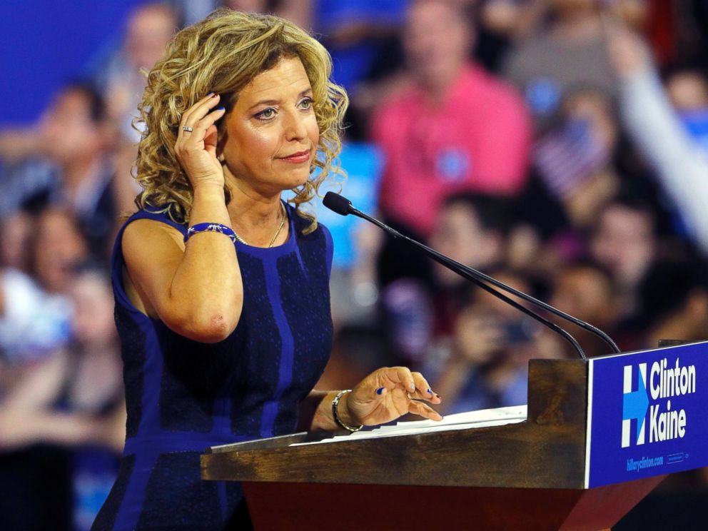 PHOTO: Democratic National Committee (DNC) Chairwoman Debbie Wasserman Schultz speaks at a rally, before the arrival of Democratic presidential candidate Hillary Clinton and her vice presidential running mate Sen. Tim Kaine, in Miami, July 23, 2016.