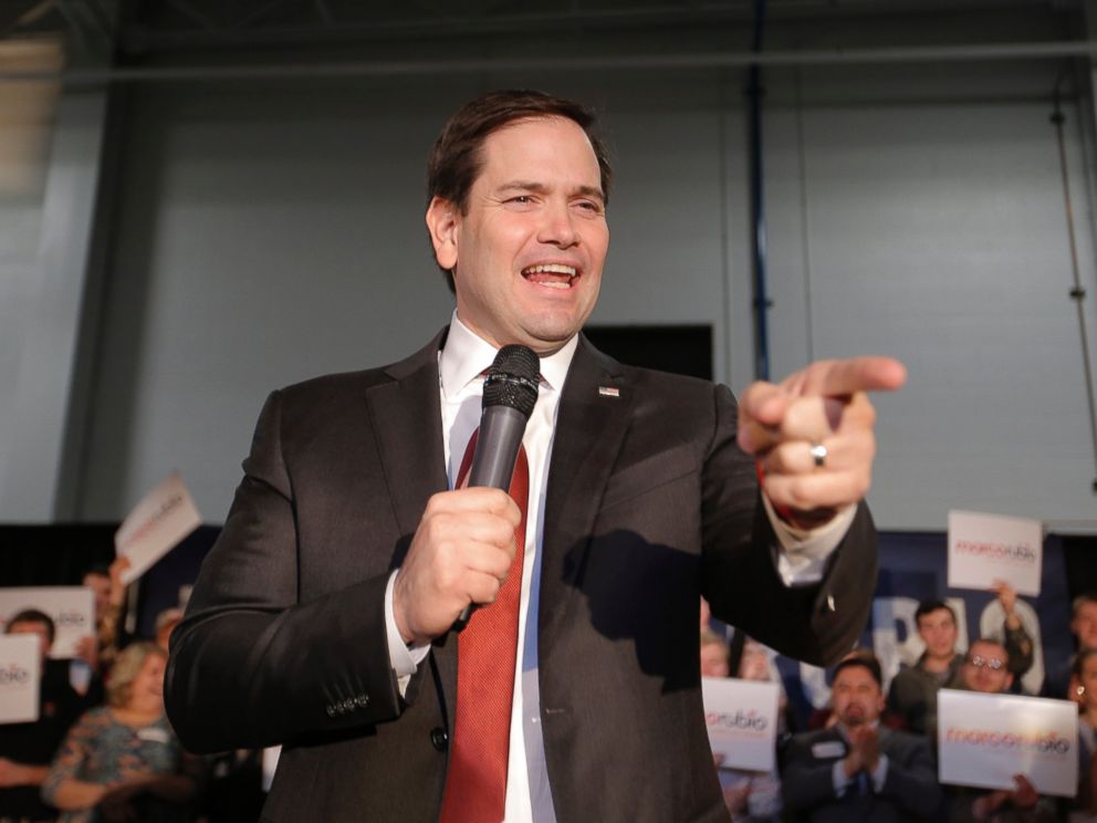 PHOTO:Marco Rubio gestures as he speaks at a campaign event during the night of the Nevada Republican caucus night at Lacks Enterprises in Grand Rapids, Mich., Feb. 23, 2016.