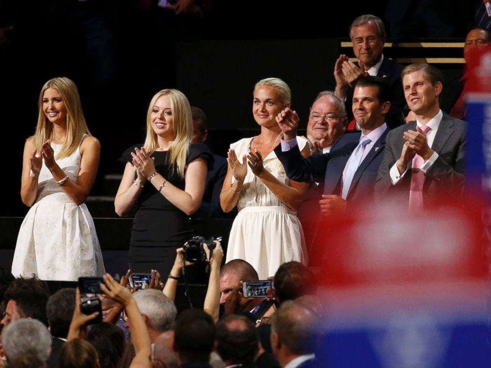 PHOTO: Ivanka Trump, Tiffany Trump, Vanessa Trump, Donald Trump Jr., and Eric Trump (L-R) applaud at the Republican National Convention in Cleveland, Ohio, July 20, 2016. 