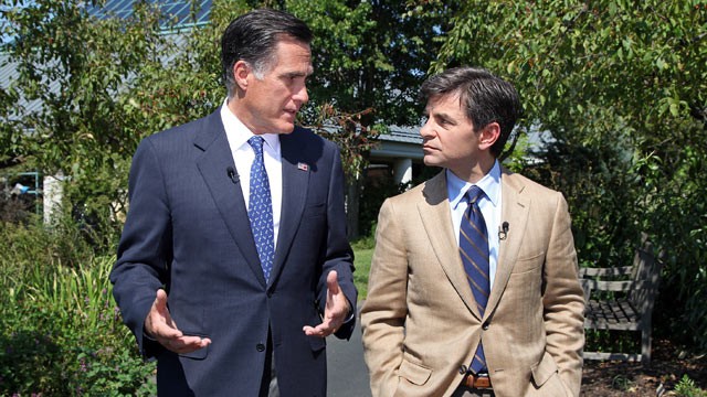 PHOTO: George Stephanopoulos, right, sat down with Mitt Romney in Vienna, Va., for an exclusive interview, Sept. 13, 2012.