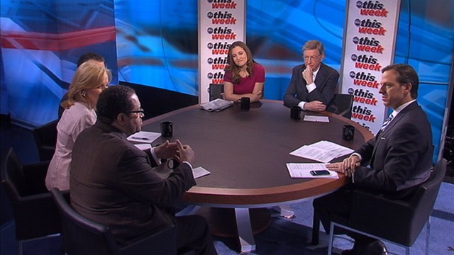 PHOTO: ABC News' George Will, Yahoo News' Washington Bureau Chief David Chalian, Georgetown University Professor Michael Eric Dyson, Thomson Reuters Digital Editor Chrystia Freeland, and the Wall Street Journal's Peggy Noonan