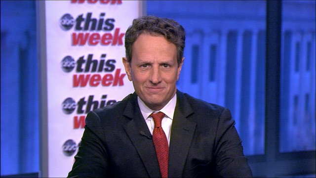 PHOTO: Treasury secretary Timothy Geithner is interviewed on
