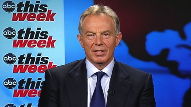 PHOTO: Mideast envoy Tony Blair, the former British prime minister, is interviewed on