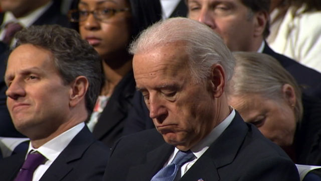 PHOTO: Vice President Joe Biden falls asleep as President Obama talks about budget cuts at George Washington University in Washington D.C. on April 13, 2011.