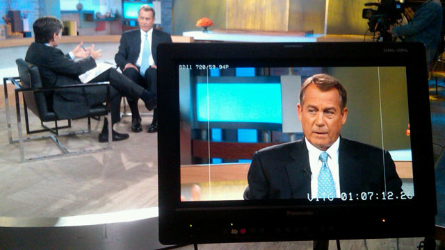 PHOTO: George Stephanopoulos interviews House Speaker John Boehner, R-Ohio, in New York, June 10, 2013.