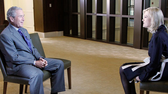 PHOTO: George W. Bush and former First Lady Laura Bush speaks to "ABC World News" anchor Diane Sawyer as they prepare for the opening and dedication of the George W. Bush Presidential Center.
