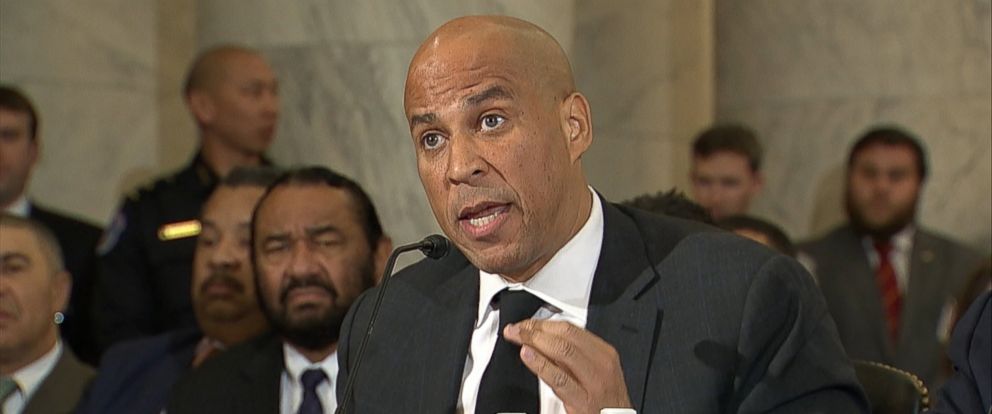 PHOTO: Sen. Cory Booker testifies during the second day of a confirmation hearing for Attorney General-designate, Sen. Jeff Sessions, before the Senate Judiciary Committee on Capitol Hill in Washington, D.C., Jan. 11, 2017.