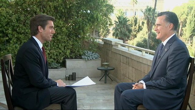 PHOTO: ABCs David Muir interviews presidential candidate Mitt Romney in Israel.