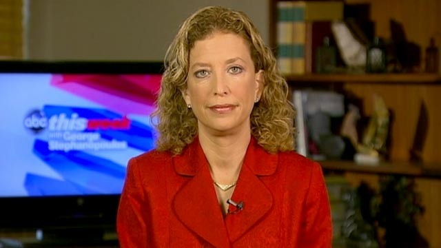 PHOTO: DNC Chair Rep. Debbie Wasserman Schultz talks with George Stephanopoulos on