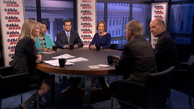 PHOTO: ABC News George Will, ABC News Political Analyst and Special Correspondent Matthew Dowd, Good360 chair Carly Fiorina, House Democratic Caucus Chair Representative Xavier Becerra (D) California, and host of NPRs All Things Considered Audie Cornish
