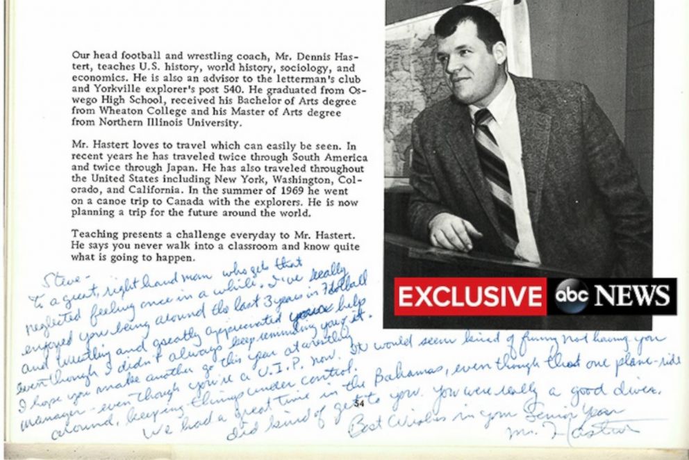 PHOTO: Dennis Hasterts note to Steve Reinboldt in Reinboldts 1970 high school yearbook.