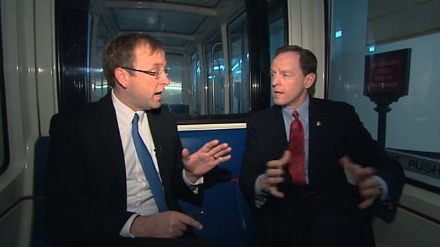 PHOTO: Seen here is Jon Karl, left, riding the capitol subway with Senator Pat Toomey.