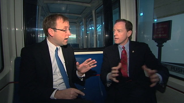 PHOTO: Seen here is Jon Karl, left, riding the capitol subway with Senator Pat Toomey.
