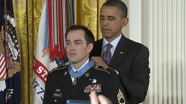 VIDEO: Staff Sgt. Clinton Romesha is honored for his actions during 2009 battle with Taliban.