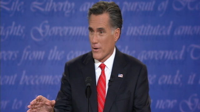 PHOTO: Republican presidential candidate Mitt Romney speaks during his debate with U.S. President Barack Obama at Magness Arena at the University of Denver in Denver, Oct. 3, 2012.