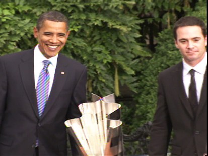 Video of President Obama welcoming NASCAR drivers, including Jimmie Johnson, to the White House.