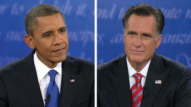 PHOTO: President Barack Obama and Republican presidential nominee Mitt Romney take part in the third presidential debate at Lynn University, Oct. 22, 2012, in Boca Raton, Fla.