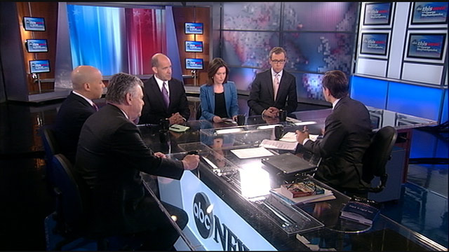 PHOTO: Newark, New Jersey Mayor Cory Booker (D), Representative Peter King, (R) New York, ABC News Political Analyst and Special Correspondent Matthew Dowd, The Nation editor and publisher and WashingtonPost.com columnist Katrina Vanden Heuvel, and ABC Ne