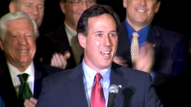 PHOTO: Republican candidate Rick Santorum speaks after winning the Minnesota and Missouri primary, Feb. 7, 2012.