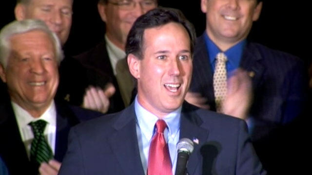 PHOTO: Republican candidate Rick Santorum speaks after winning the Minnesota and Missouri primary, Feb. 7, 2012.