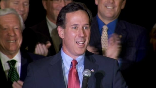 PHOTO: Republican candidate Rick Santorum speaks after winning the Minnesota and Missouri primary, Feb. 7, 2012.