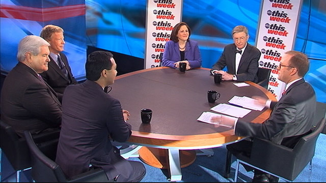 PHOTO: ABC News George Will, House Armed Services Committee Member Rep Joaquin Castro (D) Texas, 2012 Republican Presidential Candidate and (R) Former House Speaker Newt Gingrich, Washington Post Columnist Ruth Marcus, and Romney 2012 Campaign Senior Adv