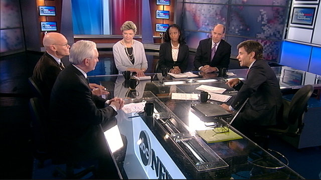 PHOTO: ABC News Special Correspondent and Political Analyst Matthew Dowd, ABC News Cokie Roberts, Democratic Strategist James Carville, Wall Street Journal Editorial Page Editor Paul Gigot, and Mayor Mia Love, (R) Saratoga Springs, Utah, on This Week