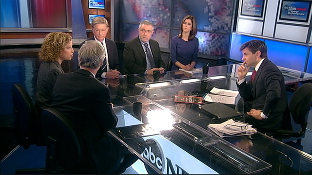 PHOTO: ABC News George Will, Bloomberg News White House Correspondent Julianna Goldman, Sen Ron Johnson (R) Wisconsin, New York Times columnist and Nobel Prize-Winning Economist Paul Krugman and Democratic National Committee Chair Rep Debbie Wasserman Sc