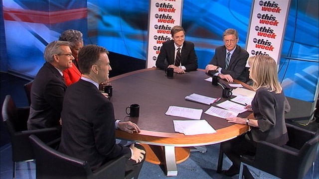 PHOTO: ABC News George Will, Rep David Schweikert (R) Arizona, ABC News Contributor and Democratic Strategist Donna Brazile, NPRs "Morning Edition" Host Steve Inskeep, and Facebook Co-Founder and "The New Republic" owner and publisher Chris Hughes on T