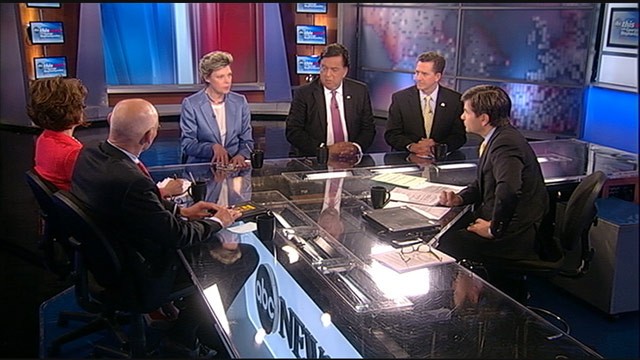 PHOTO: Democratic Strategist James Carville, Republican Strategist Mary Matalin, Former South Carolina Senator (R) Jim Demint, Former New Mexico Governor (D) Bill Richardson, and ABC News Cokie Roberts on This Week