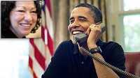 PHOTO President Barack Obama talks by phone with U.S. Supreme Court Justice nominee, Judge Sonia Sotomayor, shown in this inset file photo, from the Oval Office of the White House in Washington, July 12, 2009.