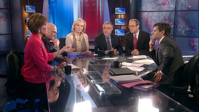 PHOTO: Democratic Strategist James Carville, Republican Strategist Mary Matalin, New York Times Columnist and Nobel Prize-Winning Economist Paul Krugman, Wall Street Journal Columnist Peggy Noonan, and ABC News Senior Political Correspondent Jonathan Karl