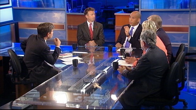 PHOTO: Nobel Prize-Winning Economist and New York Times Columnist Paul Krugman, ABC News' Cokie Roberts, ABC News' George Will, Newark, New Jersey Mayor Cory Booker, and Republican Sen. Rand Paul of Kentucky and author of