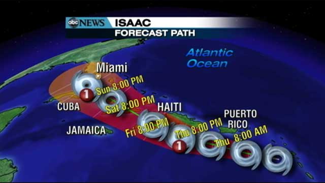PHOTO: The latest projection of the path of Tropical storm Isaac is seen here, Aug. 24, 2012.