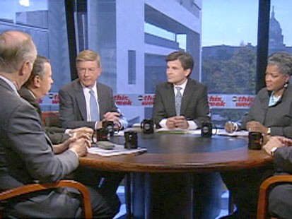 A picture of Donna Brazile, George Stephanopoulos, George Will, Thomas Friedman and David Gergen.