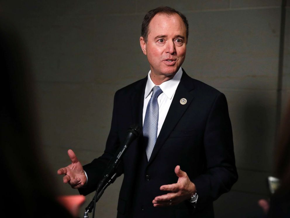 PHOTO: Rep. Adam Schiff, ranking member of the House Intelligence Committee, speaks to the media after attending a closed meeting with testimony by Attorney General Jeff Sessions, Nov. 30, 2017, on Capitol Hill in Washington, D.C. 