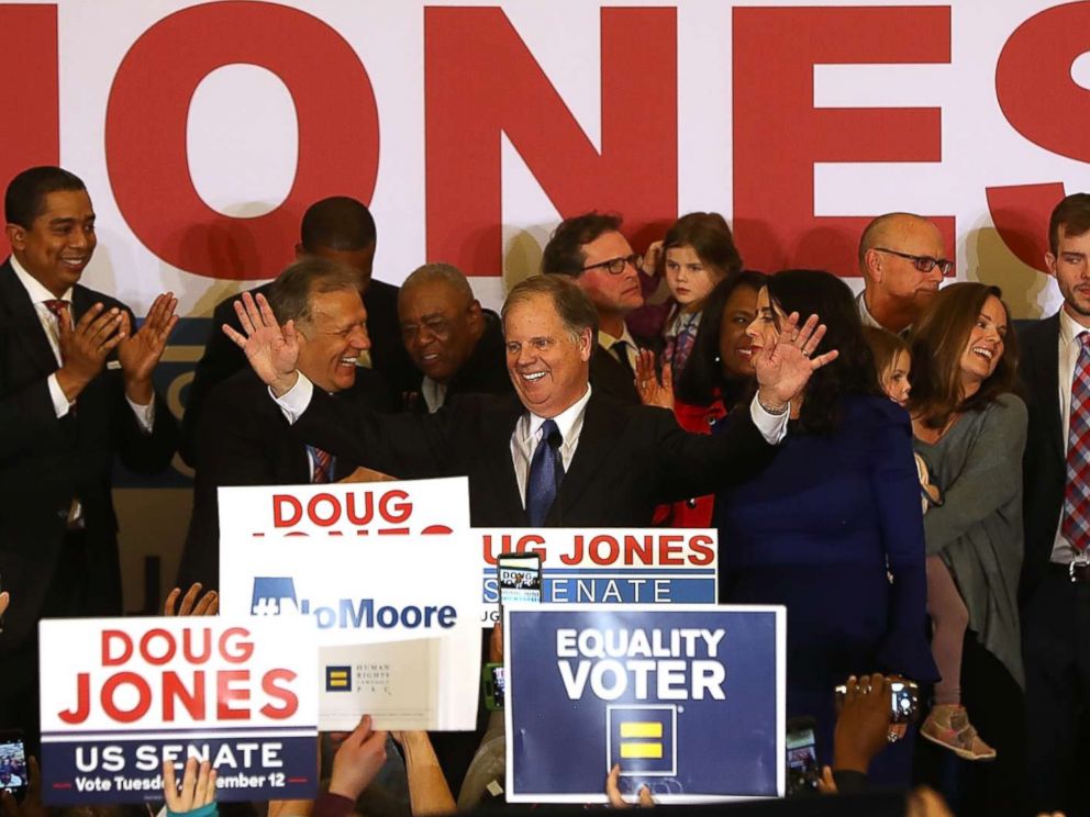 PHOTO: Senate candidate Doug Jones greets supporters during his election night gathering the Sheraton Hotel on Dec. 12, 2017 in Birmingham, Ala.