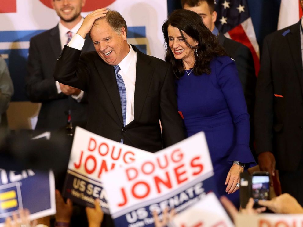 PHOTO: Senate candidate Doug Jones greets supporters during his election night gathering the Sheraton Hotel on Dec. 12, 2017 in Birmingham, Ala.