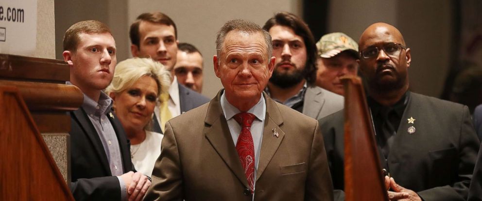 PHOTO: Republican Senatorial candidate Roy Moore waits to be introduced to speak about the race against his Democratic opponent Doug Jones during his election night party in the RSA Activity Center on Dec. 12, 2017 in Montgomery, Ala.