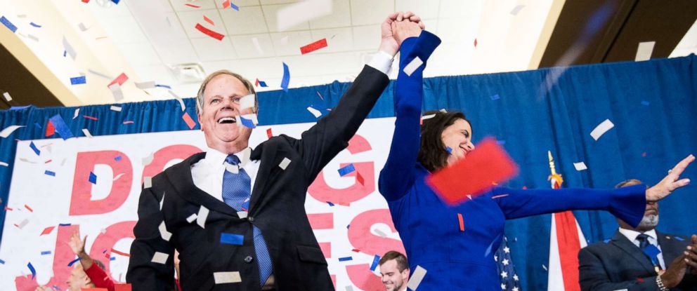 PHOTO: Alabama Democrat Doug Jones celebrates his projected victory over Judge Roy Moore at the Sheraton in Birmingham, Ala., Dec. 12, 2017.