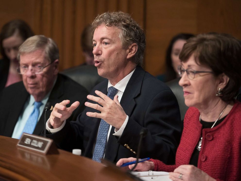 PHOTO: Senator Rand Paul directs a question to Alex Azar during the Senate Health, Education, Labor and Pensions Committee hearing on Azars nomination to be Secretary of Health and Human Services, on Capitol Hill in Washington, Nov. 29, 2017.