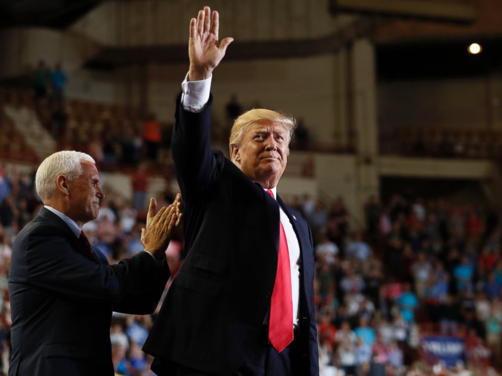PHOTO: President Donald Trump, joined by Vice President Mike Pence, waves as he arrives to speak at the Pennsylvania Farm Show Complex and Expo Center in Harrisburg, Pennsylvania, April, 29, 2017.